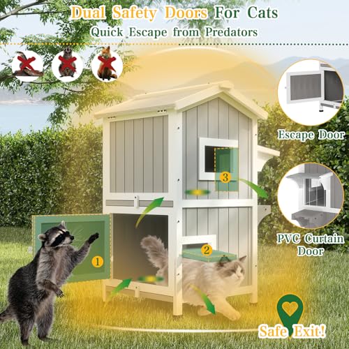PetsCosset Outdoor Cat Shelter Weatherproof, Two Story Wooden Outside Feral Cat House with Openable Roof, Escape Door