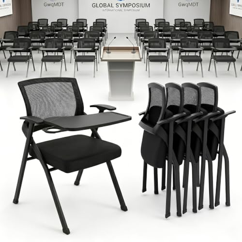 Image of [2 Pack] Folding Conference Room Chair with Writing Board & Cup Holder | Heavy-Duty Nesting Training Chairs,Mesh Back,Padded Seat,Comfy Foldable Office Guest Chairs,Seminar Meeting, Classroom