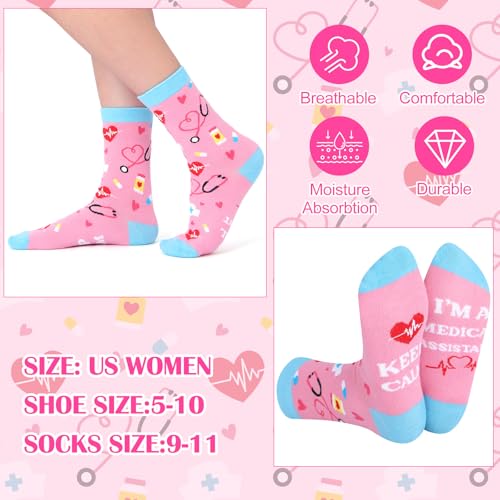 6 Pcs Medical Assistant Gift Set for Women Canvas Tote Bag Cosmetic Bag 16oz Glass Cup Pink Glitter Badge Reel Novelty Socks Unique Appreciation Gifts for Medical Assistants Week4