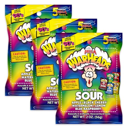 WARHEADS - Extreme Sour Hard Candy - Assorted Flavors - Sour Apple, Black Cherry, Blue Raspberry, Lemon & Watermelon Flavors - 2 oz. Bags - 3 Pack