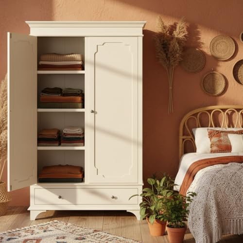 Image of APRODZ Wooden Wardrobe for Bedroom | 2 Door Engineer Wood Wardrobe with 1 Drawer | Wardrobe for Storage, Engineering Wood Clothes Cupboard & Wooden Almirah | Space Saving Wooden Cabinet Storage, White