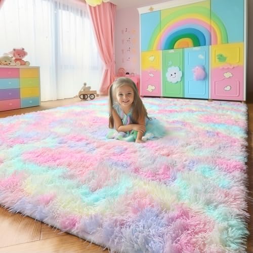 Amdrebio Rainbow Fluffy Kids Rugs for Girls Bedroom, Unicorn Room Decor, 5x7 Colorful Pastel Shag Area Rugs for Playroom Nursery Classroom, Cute Fuzzy Kawaii Princess Carpet for Baby Toddler Teen