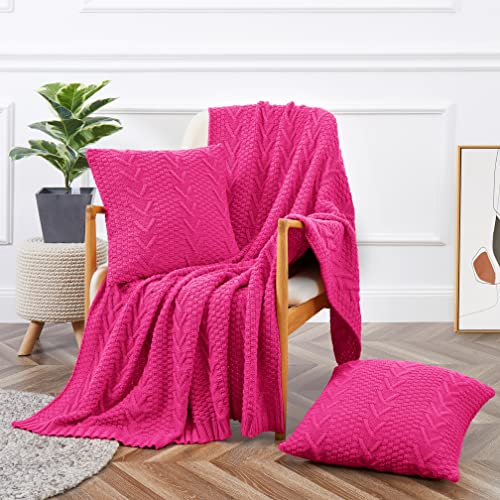 Aormenzy Knitted (50" X 60") And 2 Pillow Covers (18" X 18"), 3 Piece Hot Pink Throw Blanket Set, Decorative Throw Blankets For Couch Sofa Bed Living Room #TOP22