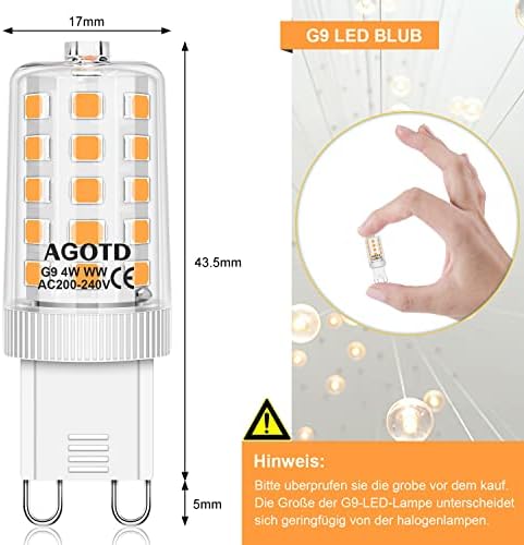 AGOTD 4W G9 LED Bulb, Warm White Not Dimmable, 28W 33W 40W Halogen Light Equiv, 2700K Flicker Free No Strobe LED Light Bulb, 360 Degree Angle, 400 Lumens, Pack of 5
