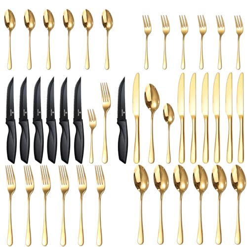 Targzier 36 teiliges Gold Besteckset,mit Schwarz Steakmesser,Edelstahl Besteck Set für 6 Personen,Spülmaschinenfest Essbesteck,Hochglanzpoliert...