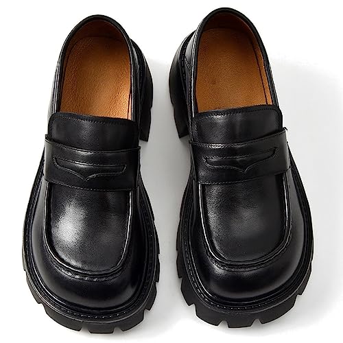 Image of BEAU TODAY Chunky Loafers Women Platform Penny Leather Lug Shoes
