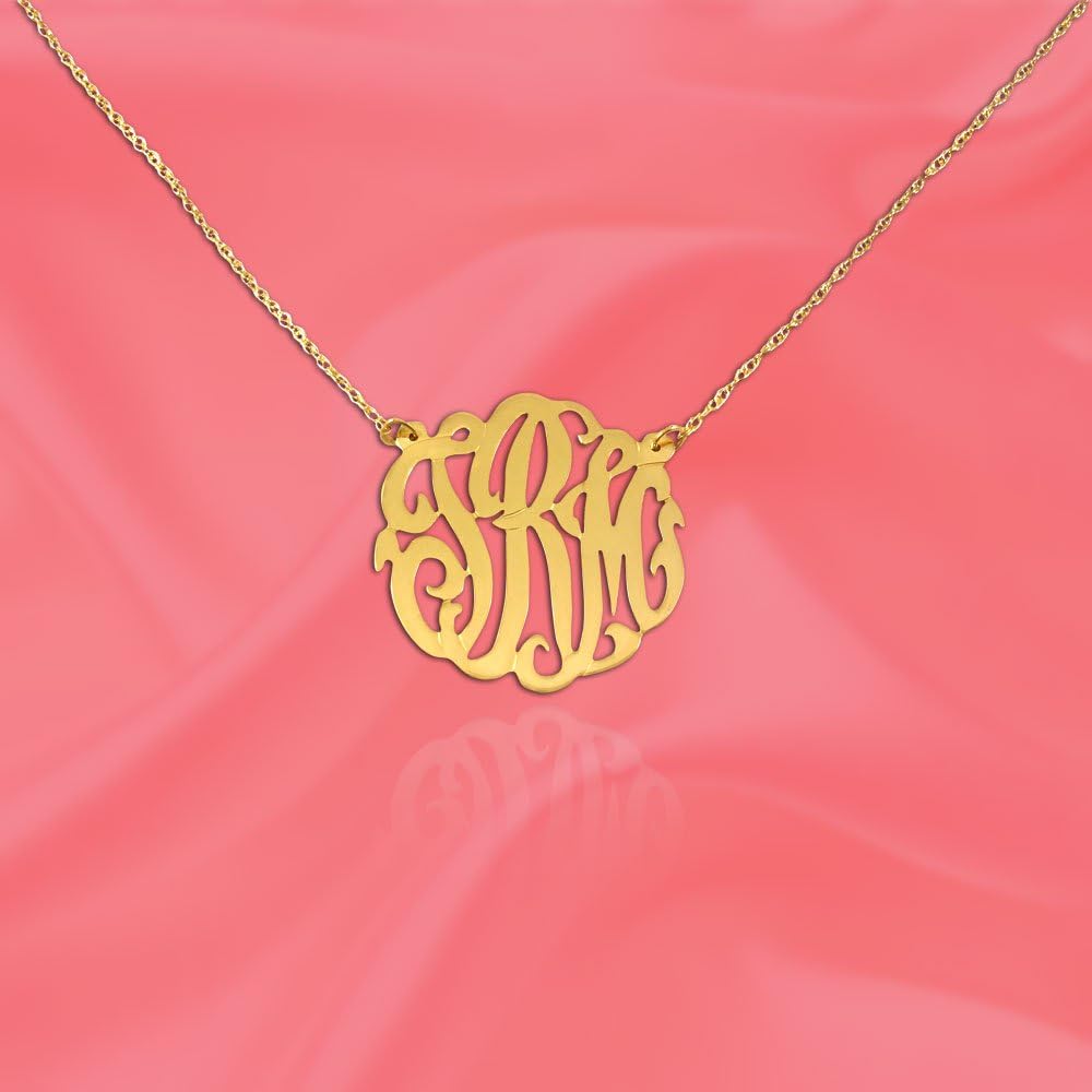 Monogram Necklace 0.5 inch Handcrafted 24K Gold Plated Silver Personalized Initial Necklace - Made in USA