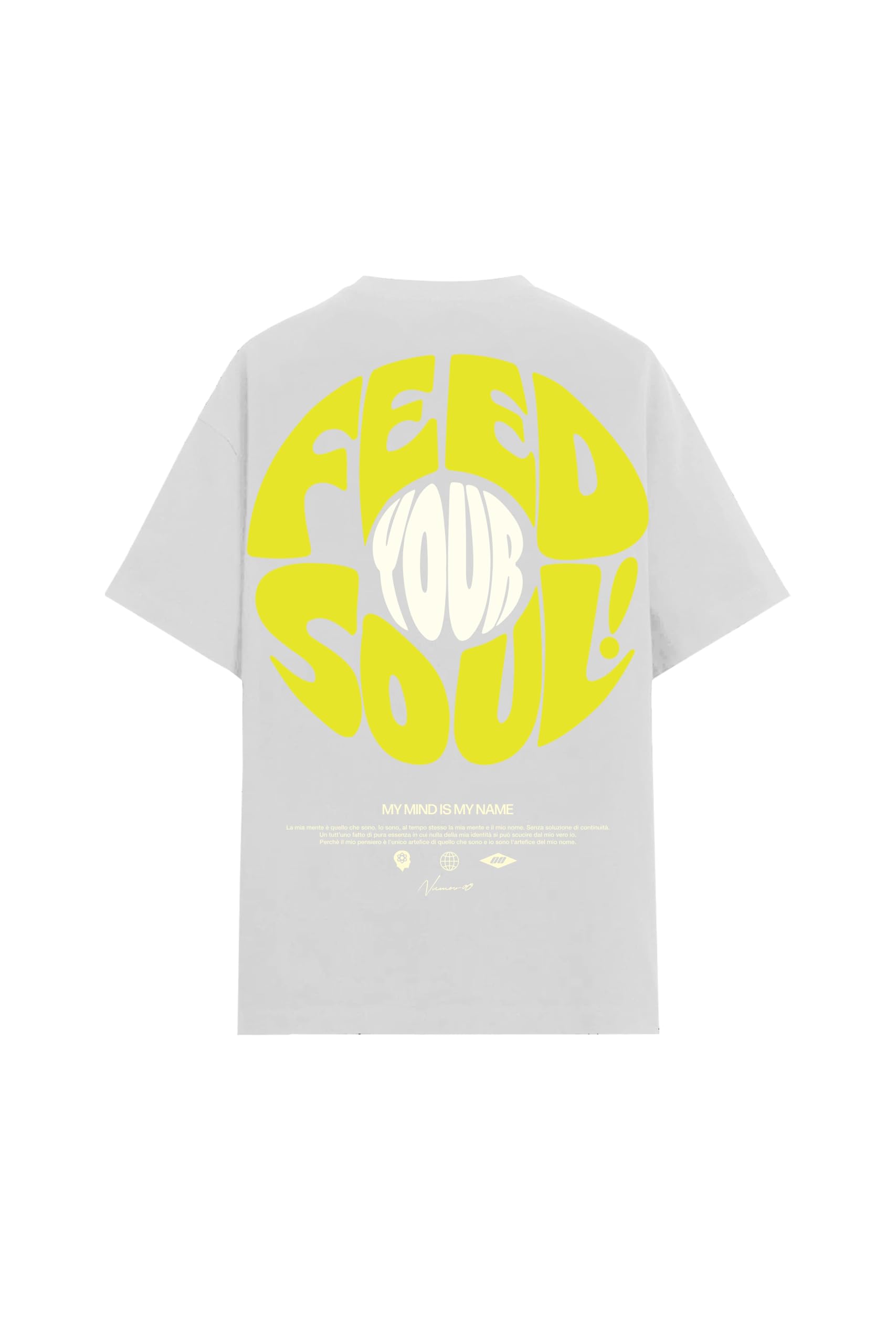Soul Tee; T-Shirt Unisex 'Feed Your Soul', Design Grafico Retro, Stampa Posteriore, Disponibile in Nero, Grigio, Bianco