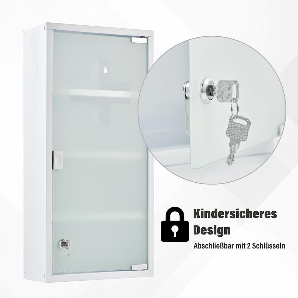 Zedelmaier Medizinschrank aus Edelstahl,Medikamenten Aufbewahrung,Medikamentenschrank 4 Fächer,Apothekerschrank,Badezimmerschrank,Hängend,Abschließbarer Medizinschrank,57 x 27 x 12 cm,Weiß