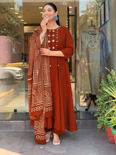 Image of ANNI Designer Kurta Set for Women Viscose Embroidered | A-Line Kurta Palazzo Dupatta Set for Woman | 3 /4 Sleeve Round Neck 3 Piece Ethnic Dress Stylish Coord Outfit Trendy Womens Clothing