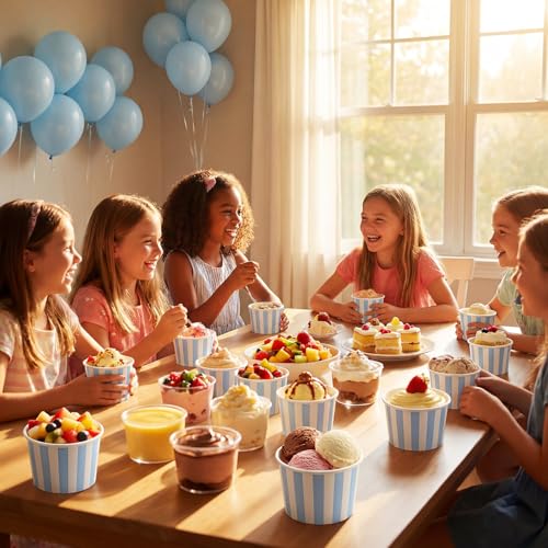 Image of Zopeal 50 Count Light Blue Striped Ice Cream Cups Disposable Dessert Bowls