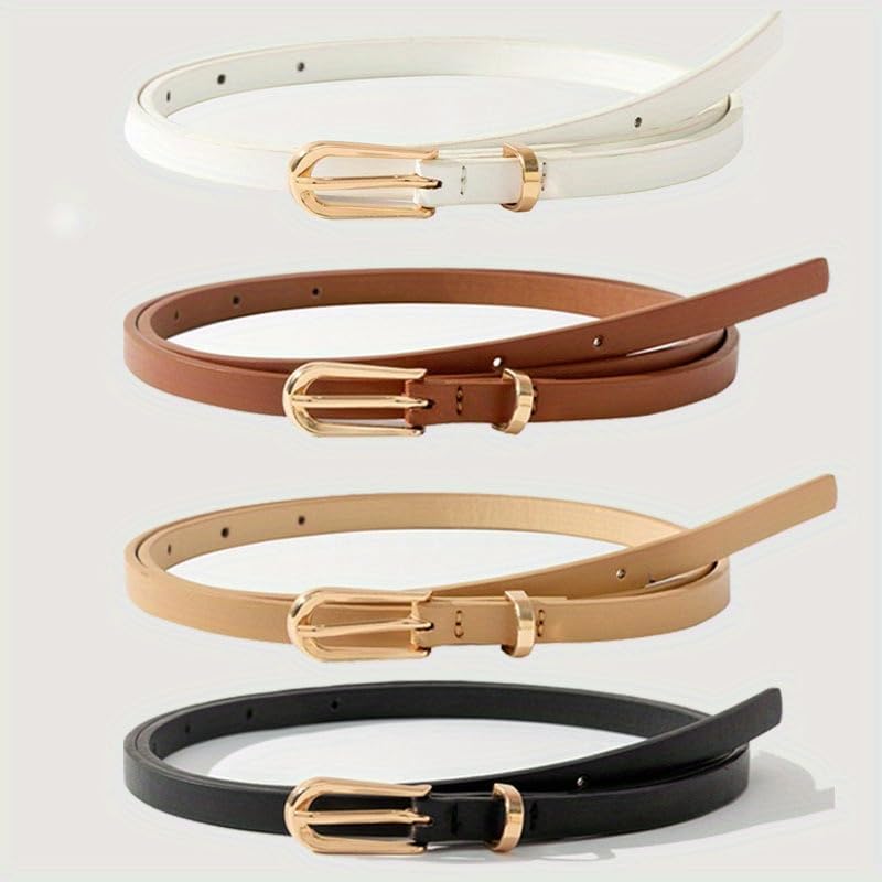 4PCS Women's Belt Set 4 Pack Gold and Silver Buckles Vintage Slim Belts for Casual, Formal, Office, Dresses Jeans and Parties
