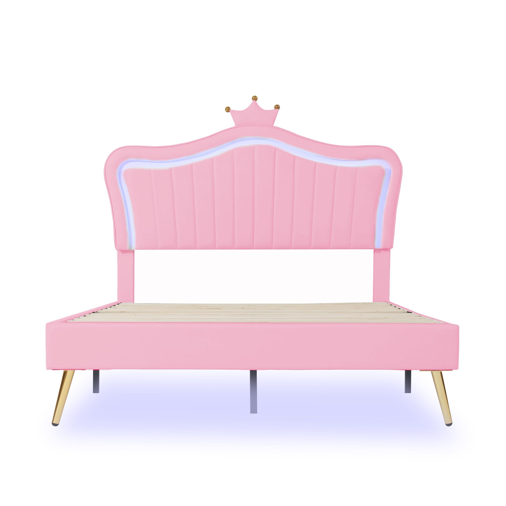 Cama infantil tapizada, marco de cama para niñas, marco de cama doble de piel sintética con luces LED, somier de láminas y respaldo (colchón no incluido) (rosa, 140 x 200 cm)