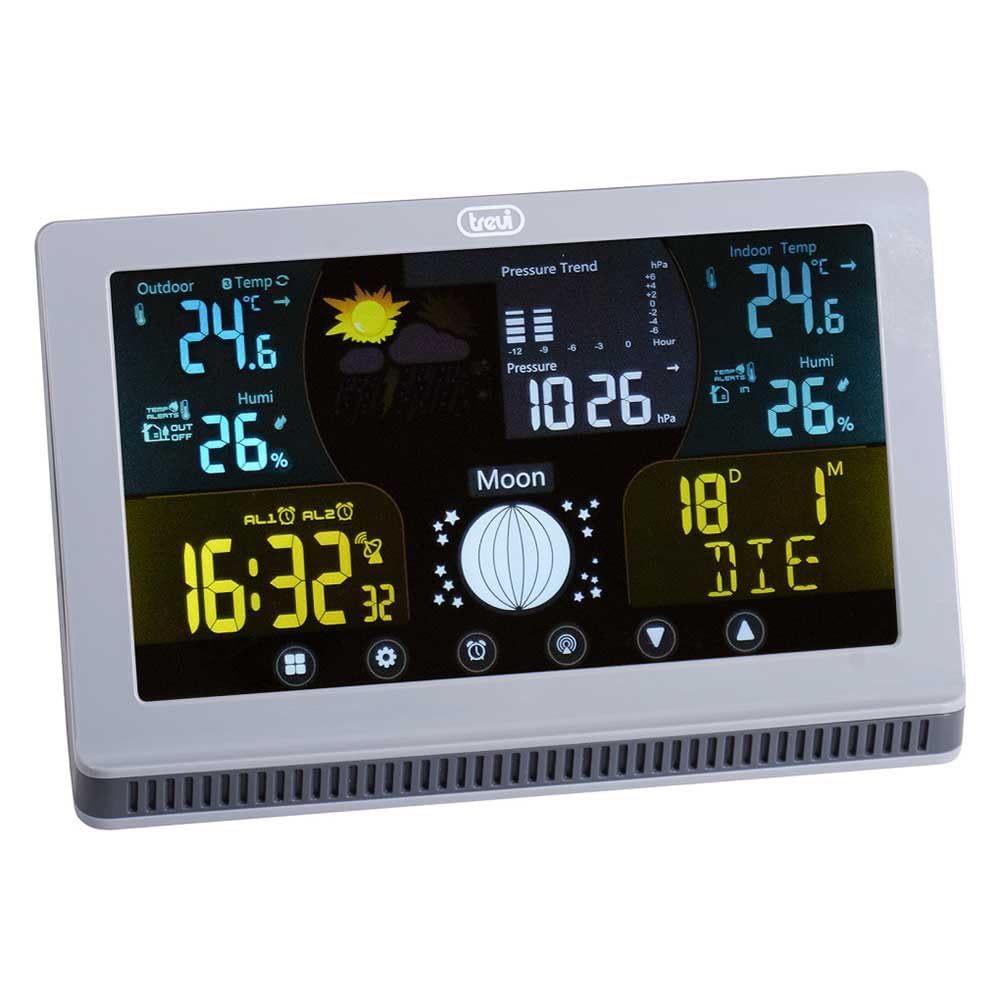 Trevi ME 3P70 RC Estación meteorológica con sensor exterior y controles táctiles, indicaciones termómetro, humedad y fase lunar, alarmas programables con función Snooze, calendario multilingüe