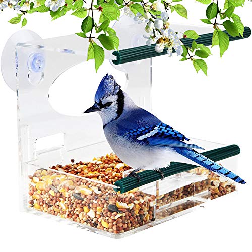 MrCrafts Window-Bird-Feeder, Bird-House for Outside, Strong-Suction-Cups and Removable-Seed-Tray with Drain-Holes, Best for Wild-Birds