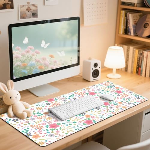 AIMSA Pink Floral Desk Mat, Desk Pad, XXL Large Mouse Pad, Anti-Slip Big Mousepad with Stitched Edges, Computer Keyboard Mouse Pads for Women Girls (White) — view 5