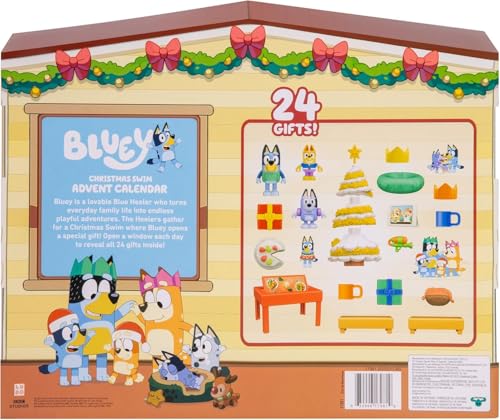 Image of Bluey Mini Figures Christmas Swim Advent Calendar, 24-Day Christmas Calendar Countdown with 3 Festive Stickers, Advent Calendars for Ages 3+