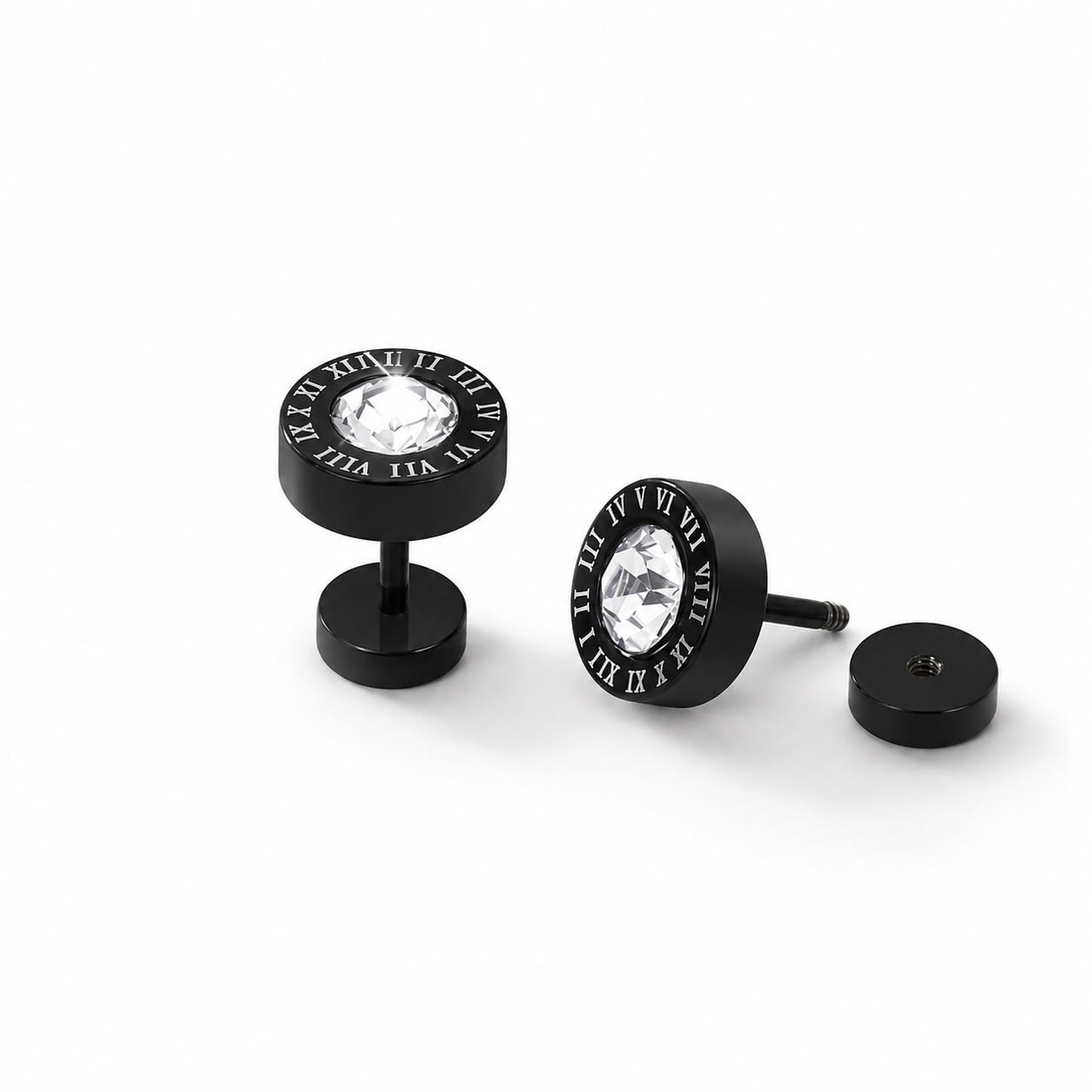 Roman Numeral Crystal Stone With Black Tone Stainless Steel Round Stud Earrings-image-29