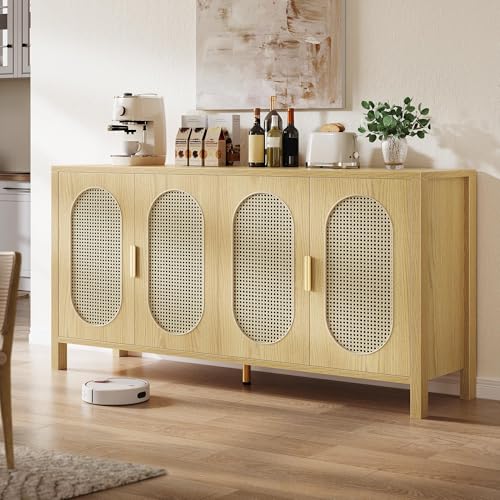 DWVO 4 Door Dressers Storage Cabinet Natural Rattan Oak Wooden Chest with Golden Handles - Modern Large Closet Boho for Living Room/Hallway/Entryway