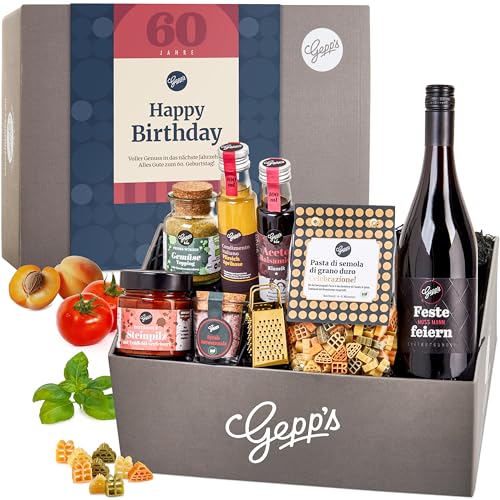 Gepp’s Feinkost Gourmet Geschenkset zum 60. Geburtstag für Frauen und Männer I Wein, Gewürze, Essig & Pasta inkl. Parmesanreibe I Geschenkkorb zum Kochen & Genießen I Geschenkidee zu Weihnachten