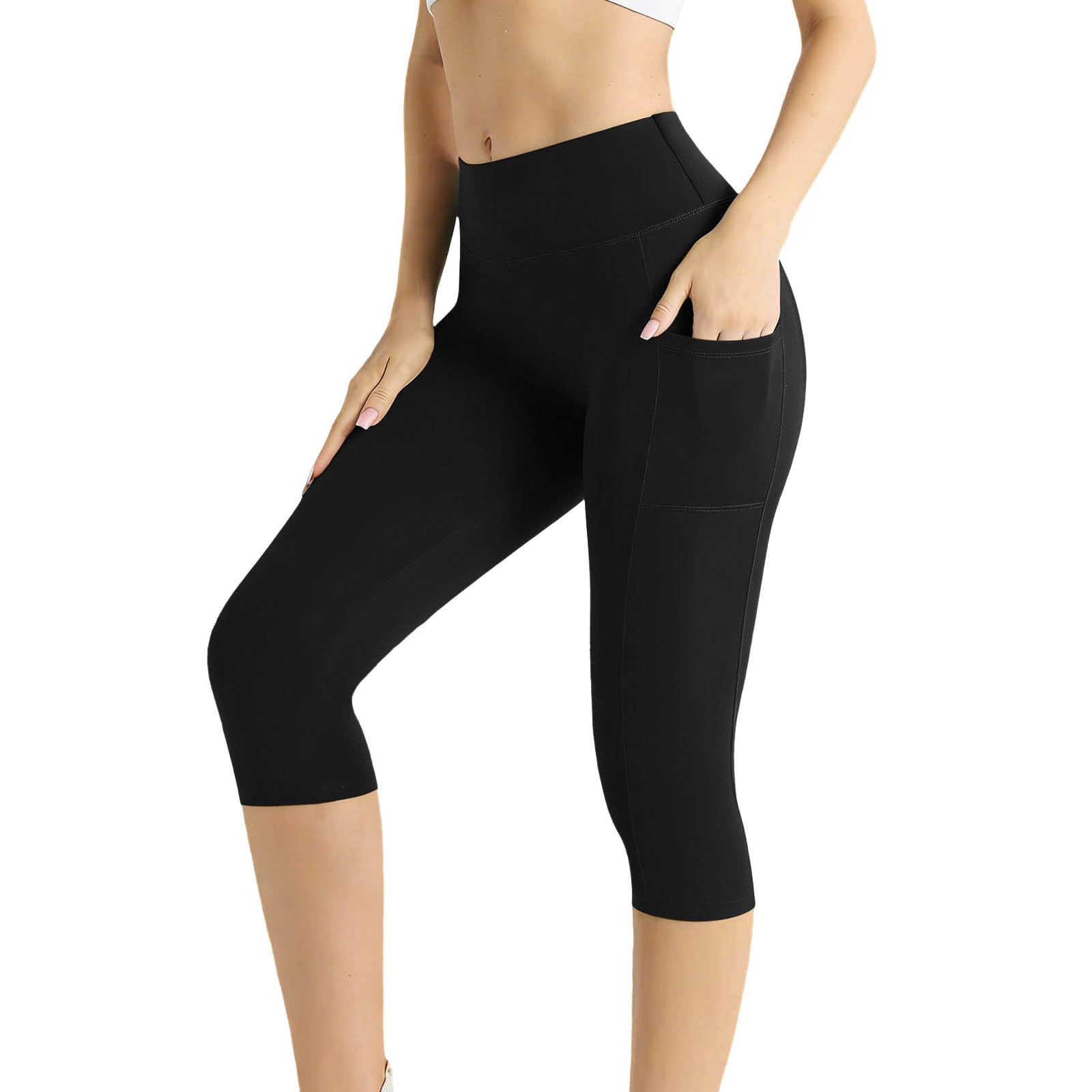 Aopir Women's A03-Black Buttery Soft Knee Length Yoga Capris For High Waist Tummy Control With Pockets Workout Leggings For Running