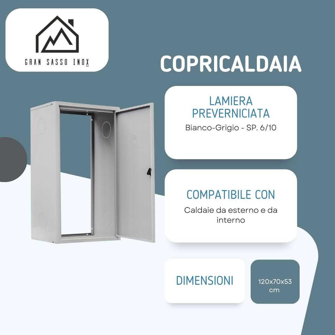 Copricaldaia da Esterno e Interno in Lamiera Preverniciata Bianco-Grigio SP. 6/10 – Dimensioni 120x70x53cm – Con Kit di Montaggio, QR code per Istruzioni e Pellicola Protettiva – Dotato di chiave