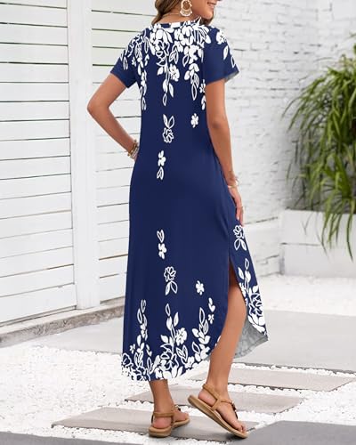 Image of MISFAY Women's Summer Maxi Dress 2026 Casual Short Sleeves V Neck Loose Sundress Split Long Beach T Shirt Dress