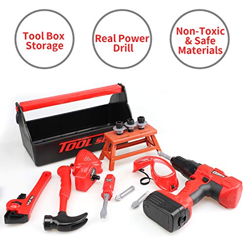 STEAM Life Kids Tool Set with Power Toy Drill - Toy Tool Set Contains Tool Box and Toy Hammer, Goggles, Power Drill and 11 More Play Tools (Red)