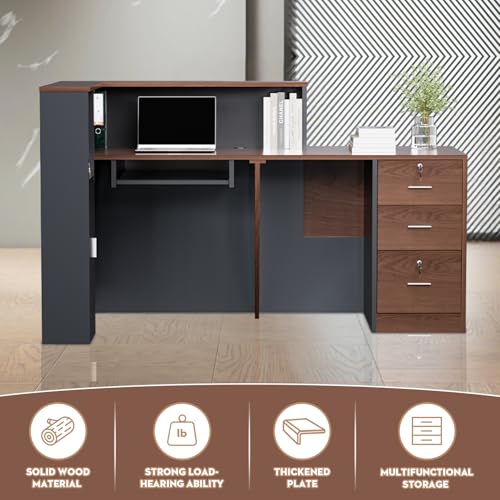 L-Shaped Large Wooden Reception Desk, Modern Front Desk Reception Counter with Lockable Drawers & Storage & Keyboard Tray, for Checkout, Lobby (Right-Walnut/Black, 71\'\'L x 42\'\'W x 41\'\'H) - Thumbnail 3