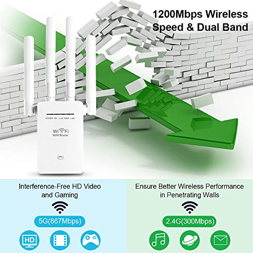 1200Mbps WiFi Booster Range Extender Repeaters, 2.4 & 5GHz Dual Band WPS Wireless Signal 4 Antennas 360° Full Coverage, Extend WiFi Signal to Smart Home & Alex Devices (White)