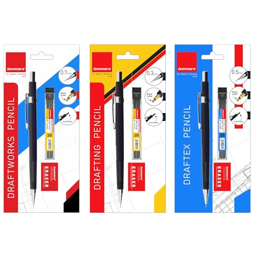 Image of Isomars Mechanical Pencil Set of 3 (0.3mm, 0.5mm & 0.7mm) with Leads & Erasers | Drafting Pencils for Drawing, Sketching, Writing & Technical Drafting | For Artists & Students