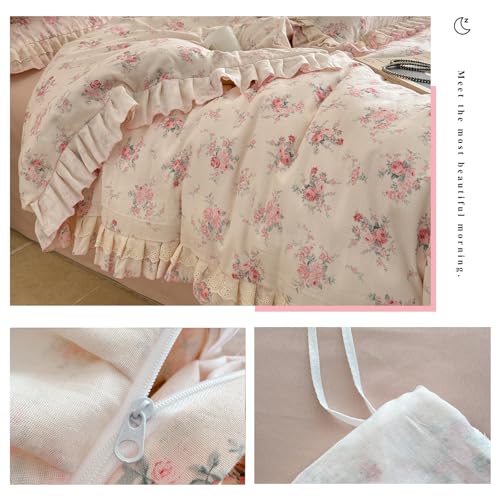Image of VM VOUGEMARKET Lace Ruffled Duvet Cover Set Twin,Vintage Pink Rose Flower Bedding Set,Double-Layer Gauze Cotton Soft,Breathable & Lightweight for Girls-68 x86