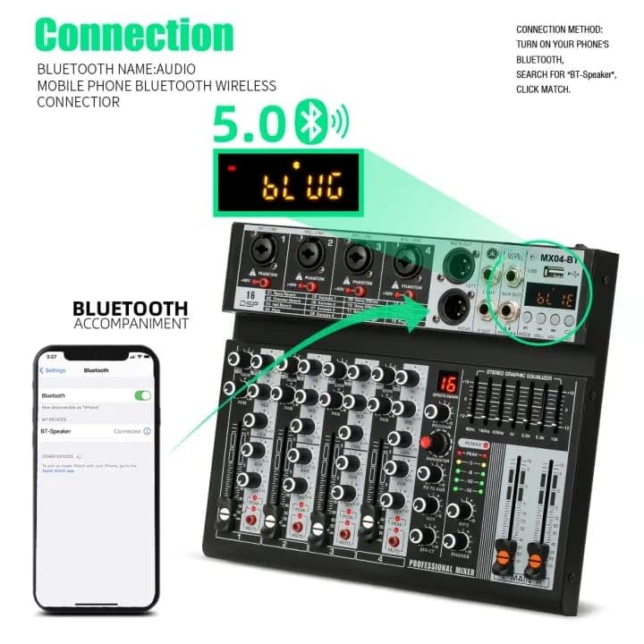 kh 4 Channel Professional Audio DJ Mixer Built-In EQ/16DSP/Recording Mode Reverb Bluetooth/PC/USB/MP3 Playback Concert Karaoke Home Singing Live Audio Equipment 48V Phantom Power For Each,Black - Image 7 thumbnail
