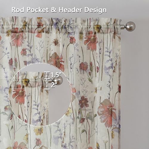 Image of OWENIE Crushed Kitchen Window Curtains 45 Inches Length 2 Panels, Elegant Farmhouse Printed Short Semi Sheer Curtains for Cafe Bathroom Bedroom, Light Filtering Rod Pocket Curtain, 42Wx45L inch