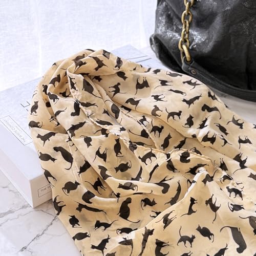 allydrew Lightweight Cat Print Chiffon Long Scarf, Beige4