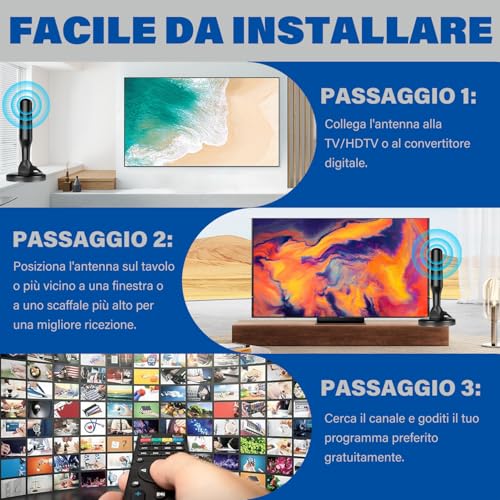 Antenna Tv Interna 2026 Antenna Tv Interna Amplificata Potente, Terrestre Con 500 Km Di Ricezione Con Base Magnetica, Amplificatore Di Segnale Support 4K HD/1080P Per Hdtv (Black) - 5