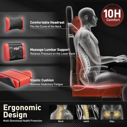 Image of HLDIRECT Gaming Chair, Ergonomic Video Game Seat with 360 Swivel & Lumbar Massage, Computer Chair PU Leather Cushion for Adults Home /Office Use (Black & Red)
