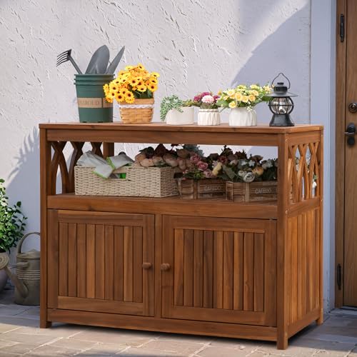 Greesum-2-Tier-Outdoor-Storage-Cabinet-in-Acacia-Wood-with-2-Magnetic-Doors-for-Garden-Picnic-Buffet-TV-Stand-or-Bar-Table-Brown Greesum 2 Tier Outdoor Storage Cabinet in Acacia Wood with 2 Magnetic Doors for Garden Picnic Buffet TV Stand or Bar Table Brown