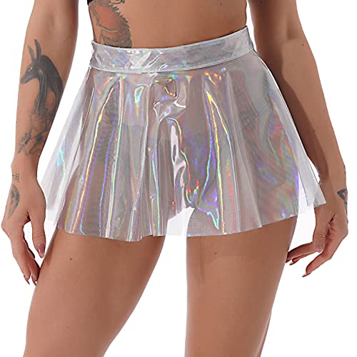 Transparent Women See-Through Flared Skirt Shiny High Waist Miniskirt Clubwear