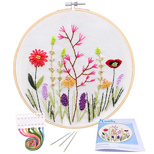 Full Range of Embroidery Starter Kit with Pattern, Kissbuty Cross Stitch Kit Including Embroidery Cloth with Floral Pattern, Bamboo Embroidery Hoop, Color Threads and Tools Kit (Flower Grass)