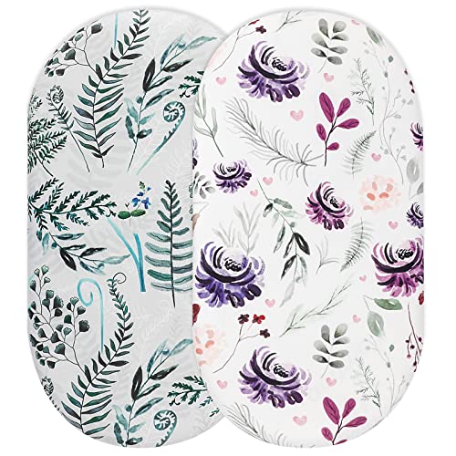 Image of Bassinet Sheet, 2 Pack Bassinet Sheets for Baby Girl Boy, Jersey Knit Cotton Bassinet Fitted Sheets for Oval Rectangle Hourglass Mattress, Universal Bassinet Mattress Sheets, Purple Flower Green Leaf
