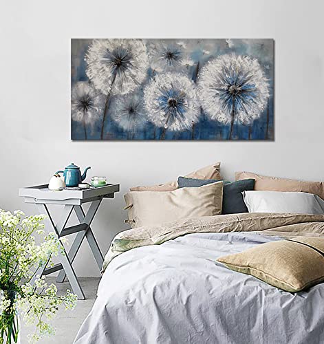 Image of Dandelion Wall Art Blue Large Picture for Living Room Canvas Art Wall Decor Above Bed White Flower Artwork for Walls Wall Paintings Modern Art Aall Decor Framed Wall Art for Bedroom 29x58IN