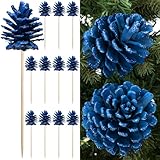 Thiccywoov 12 Pcs Blue Christmas Glitter Pine Cones Picks for Christmas Tree 3.15 Inches Pinecone with Wired Stem Artificial Xmas Tree Ornaments Decorations for Garland Wreath DIY Craft