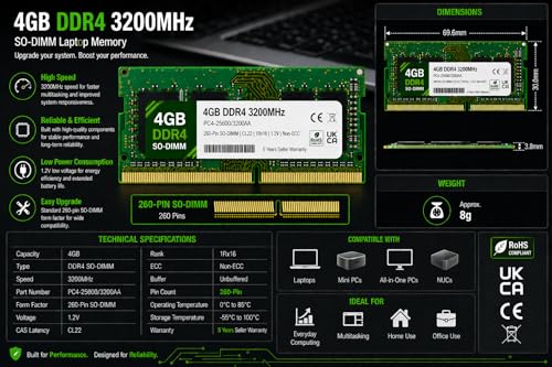Image of 4GB DDR4 3200MHz OEM Laptop RAM Compatible with Samsung [Key Specs: PC4-25600 /3200AA | 260-Pin SO-DIMM | CL22 | 1Rx16 | 1.2V | Non-ECC] | 5 Years Seller Warranty