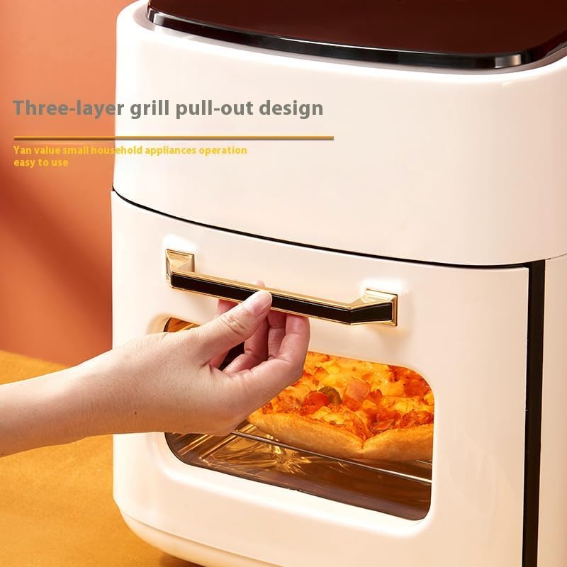 Close-up of the three-layer grill pull-out design and handle of the air fryer.