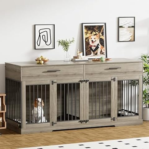 Rophefx Large Dog Crate Furniture for 2 Dogs, 72" Double Dog Kennel Indoor Furniture with 2 Storage Drawers and Removable Divider, Wooden Dog Cage with 4 Bowls, Dog House TV Stand, Rustic Grey Cover