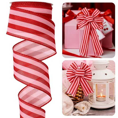 Whaline Stripe Wired Edge Ribbon Craft Ribbons Pink Red Fabric Ribbon for Wreath Bow Anniversary Wedding Spring DIY Wrapping Party Decor 12 Yard