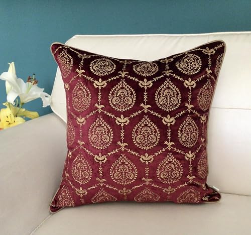Image of TARA- Sparkling Homes Zari Embroidered Cushion Covers in Velvet, 'Padmini' from 'The Royal Collection', Set of 1 (Wine Red, 18 x 18 Inches)