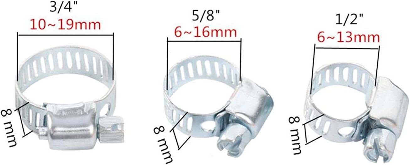 Hose Connector Adapter 100 Pieces of 1/2" 5/8" 3/4" Iron Drive Hose Clamps Durable Metal Pipe Fixing Clamps Three Clamps Adjustable Line Pipe Gear Clamps/3I4