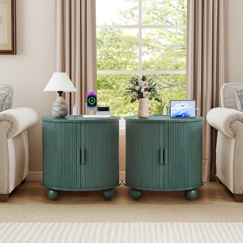 Image of 24 inch Fluted Round Nightstand Set of 2, Mid-Century Large Wooden End Table with Charging Station, Farmhouse Storage Side Table with Sliding Door for Bedroom Living Room (2XRound, Green)